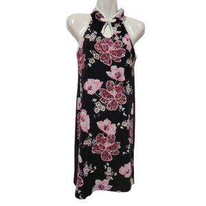 Floral Black Red Mandarin Collar Chinese Cheongsam Style Sleeveless Dress S/M